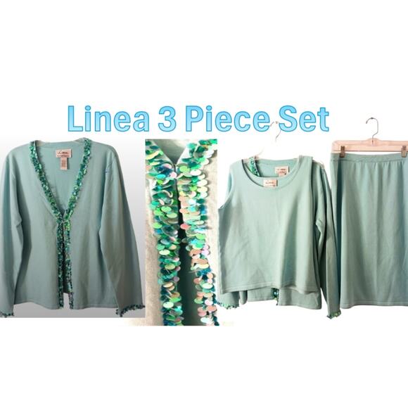 Linea 3 Pc Formal Cardigan Sweater Set Sz L AQUA SKY BLUE Sequins Knit was $350 - Picture 1 of 16